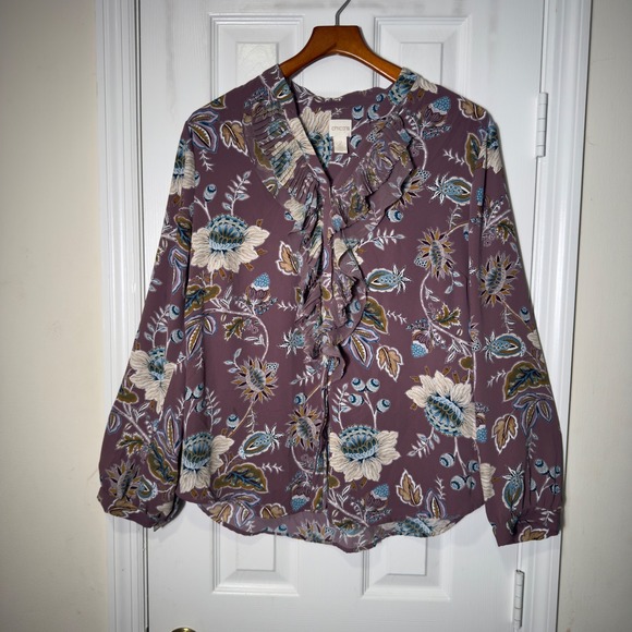 Chico's Tops - Chico's Floral Ruffle Blouse Size Large Boho Romantic Mauve Paisley Top